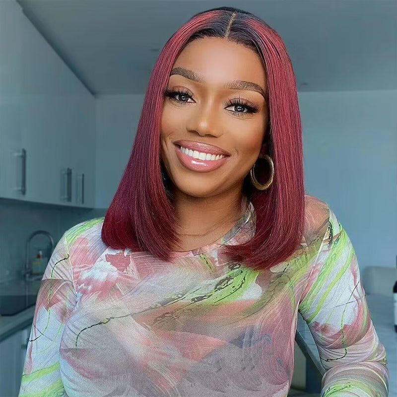 Firieya Ombre T1B/99J Burgundy Short Straight Bob HD Transparent Lace Wig 100% Virgin Human Hair