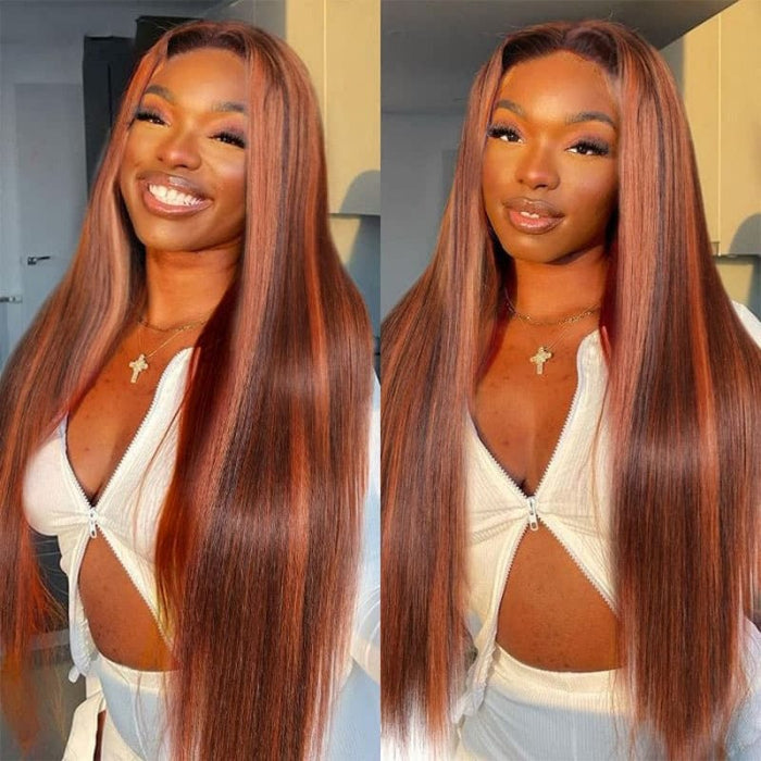 Firieya 13x4 Lace Frontal Wig Mixed Ginger Orange Straight Dimensional Copper Highlights Human Hair