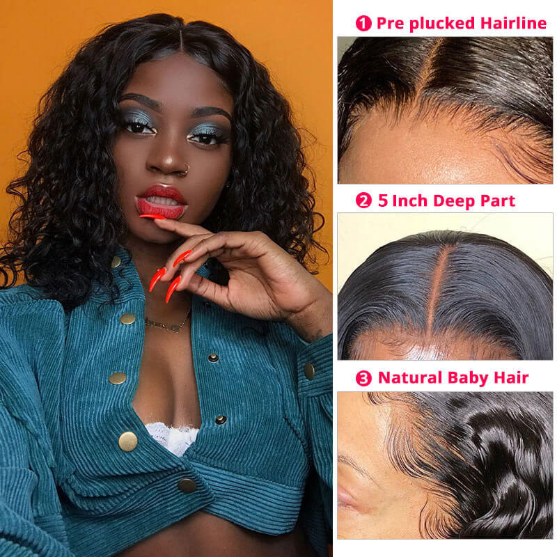 Firieya Short Bob Invisible 5x5 Lace Closure Wig Water Wave Human Hair Wig