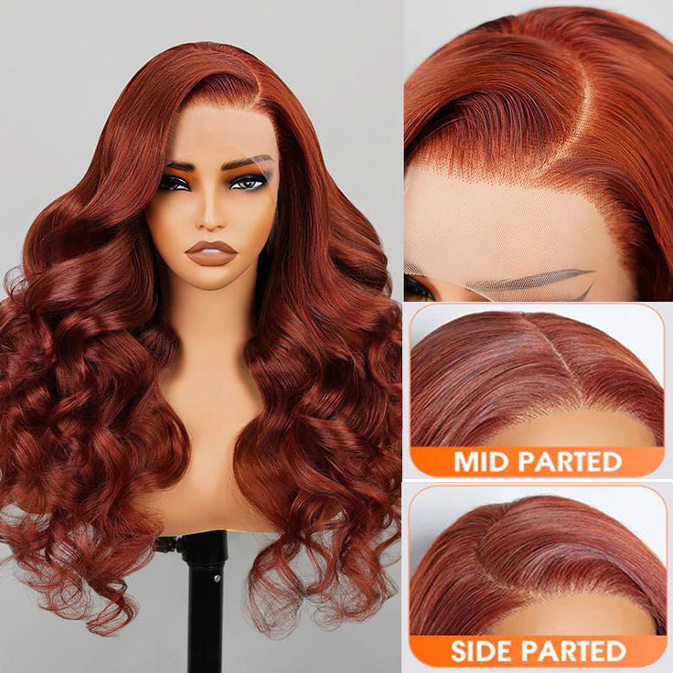 Firieya Reddish Brown Body Wave 13x4 Lace Front Wig Human Hair Natural Density Auburn Copper Color