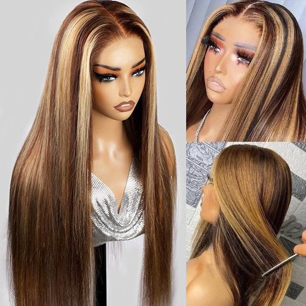 Firieya Ombre Straight P4/27 highlight Honey Blonde Balayage Color 13x4 Lace Front Wigs Pre Plucked Human Hair Wig