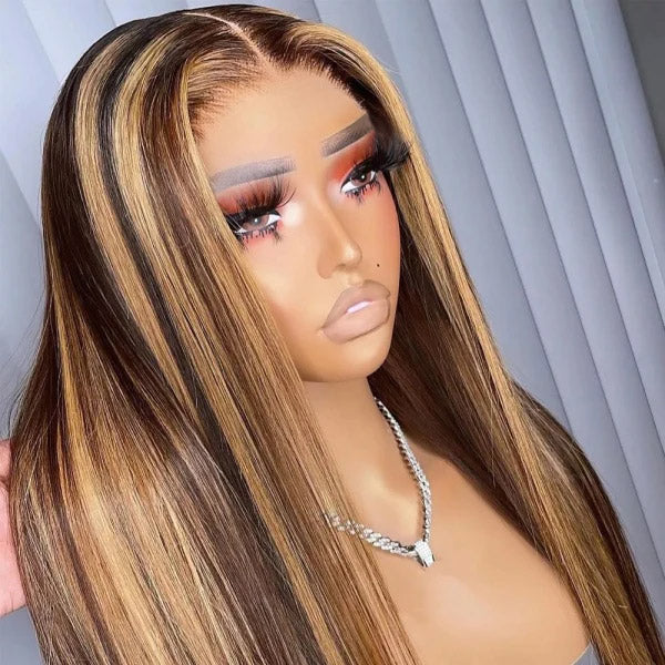 Firieya Ombre Straight P4/27 highlight Honey Blonde Balayage Color 13x4 Lace Front Wigs Pre Plucked Human Hair Wig