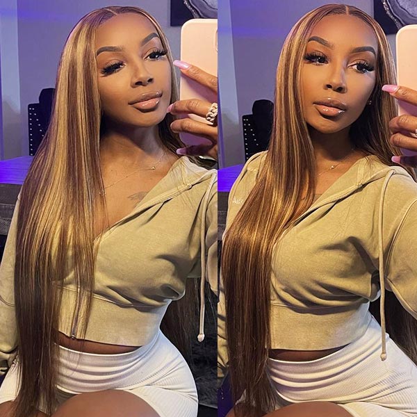 Firieya Ombre Straight P4/27 highlight Honey Blonde Balayage Color 13x4 Lace Front Wigs Pre Plucked Human Hair Wig