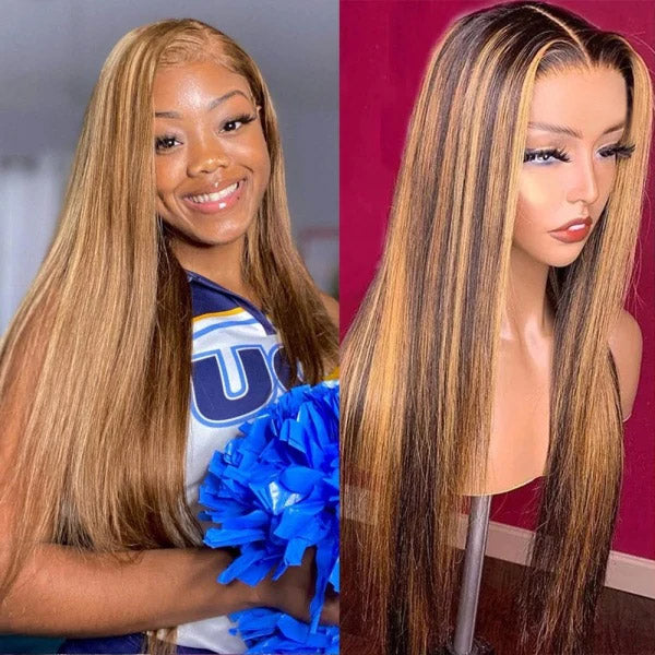 Firieya Ombre Straight P4/27 highlight Honey Blonde Balayage Color 13x4 Lace Front Wigs Pre Plucked Human Hair Wig