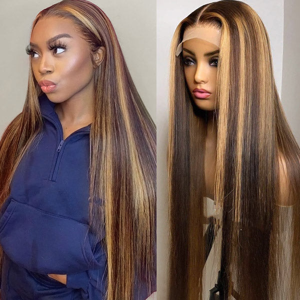 Firieya Ombre Straight P4/27 highlight Honey Blonde Balayage Color 13x4 Lace Front Wigs Pre Plucked Human Hair Wig
