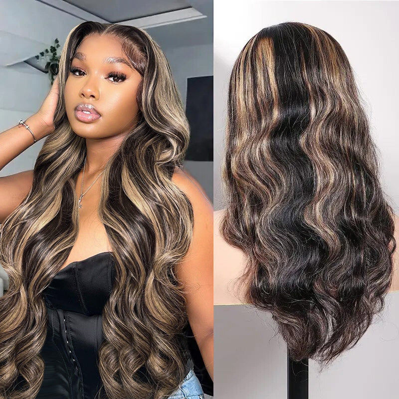 Firieya Balayage Honey Blonde Highlight Body Wave 13x4 Glueless HD Lace Front Wigs #P1B/27 Colored Human Hair Wigs