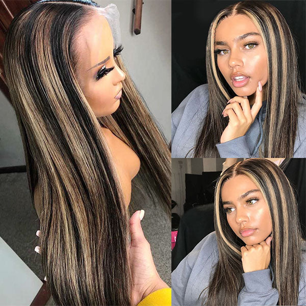 Firieya 1B/27 Highlight Black Blonde Straight Wigs 13x4 Lace Frontal Wig Pre-plucked Glueless Straight Human Hair Wig