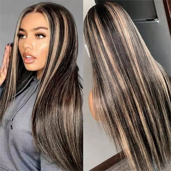Firieya 1B/27 Highlight Black Blonde Straight Wigs 13x4 Lace Frontal Wig Pre-plucked Glueless Straight Human Hair Wig