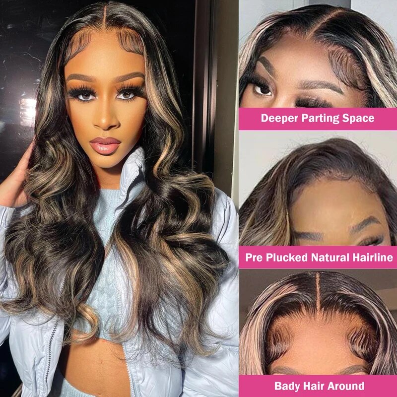 Firieya Balayage Honey Blonde Highlight Body Wave 13x4 Glueless HD Lace Front Wigs #P1B/27 Colored Human Hair Wigs