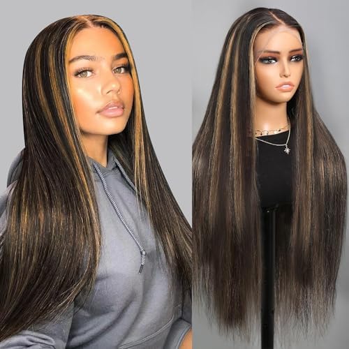 Firieya #1B/30 Ombre Highlight Wig 13x4 Lace Frontal Straight Wig for Women Pre Plucked with Baby Hair Human Hair Wig