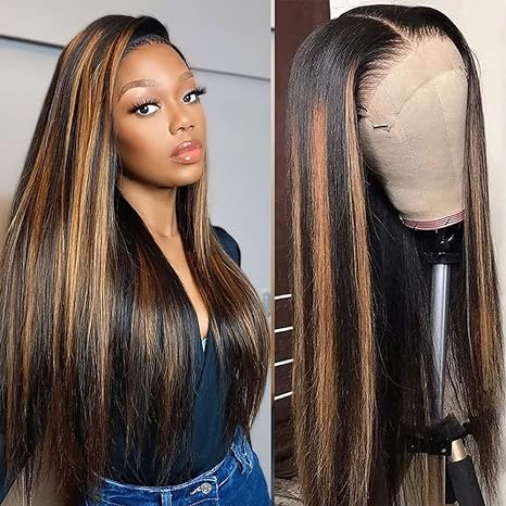 Firieya #1B/30 Ombre Highlight Wig 13x4 Lace Frontal Straight Wig for Women Pre Plucked with Baby Hair Human Hair Wig
