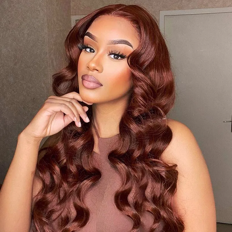 Firieya Reddish Brown Body Wave 13x4 Lace Front Wig Human Hair Natural Density Auburn Copper Color