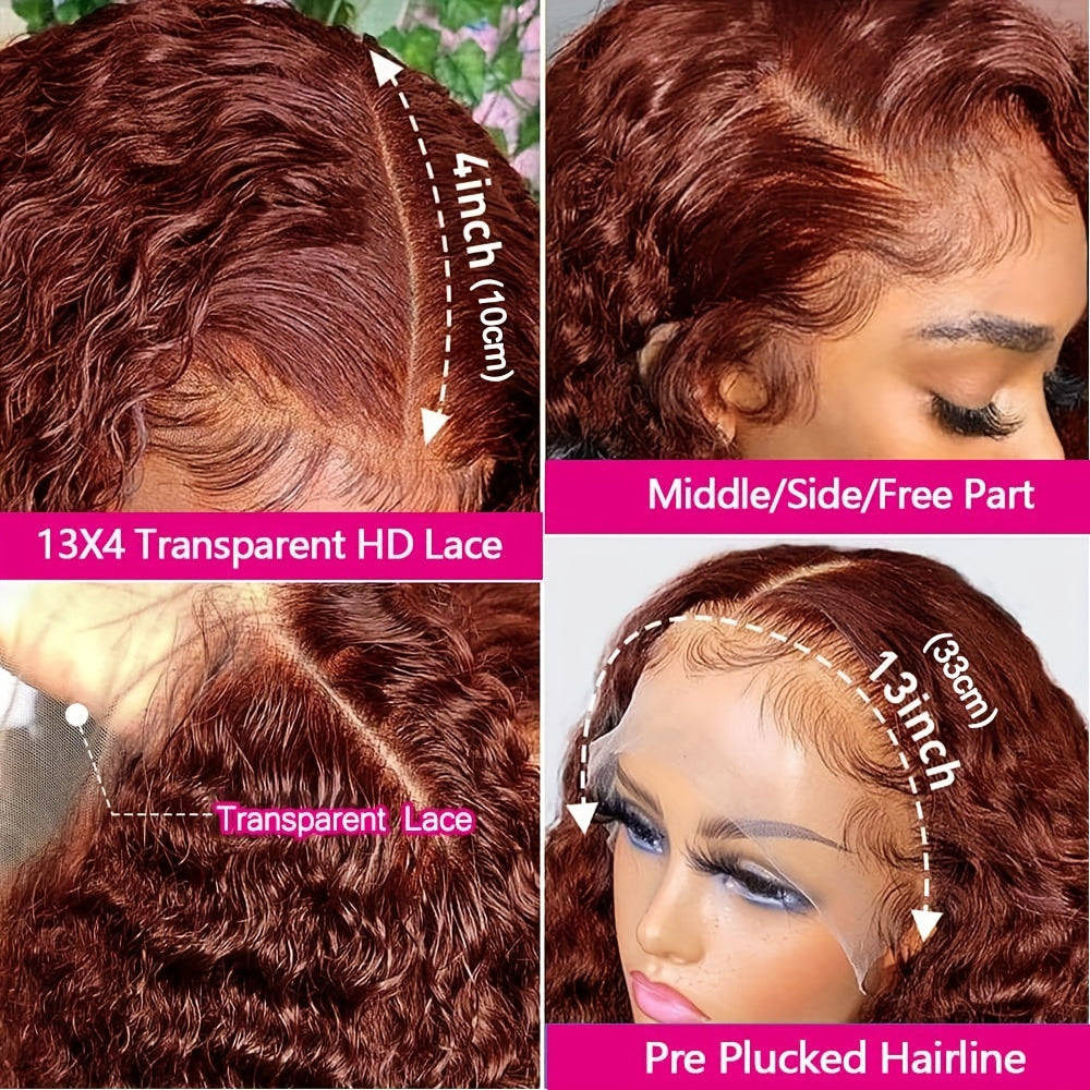 Firieya Reddish Brown Deep Wave 13x4 HD Transparent Lace Front Wigs Pre Plucked Human Hair Wig
