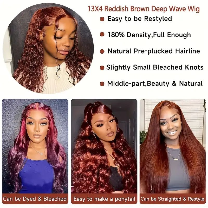 Firieya Reddish Brown Deep Wave 13x4 HD Transparent Lace Front Wigs Pre Plucked Human Hair Wig