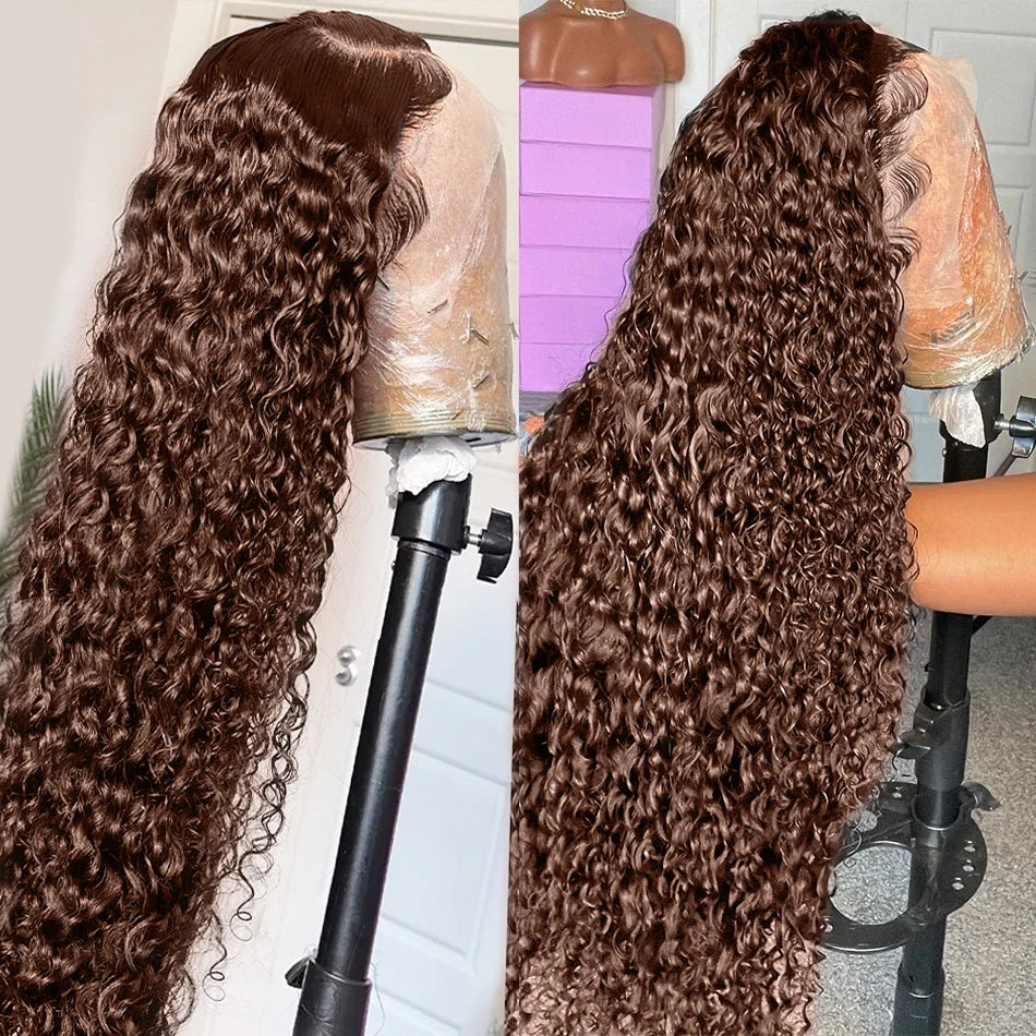 Firieya #4 Brown Colored Deep Wave Lace Front Wig 13x4 Transparent Lace Frontal Wig Pre-Plucked Human Hair Wig