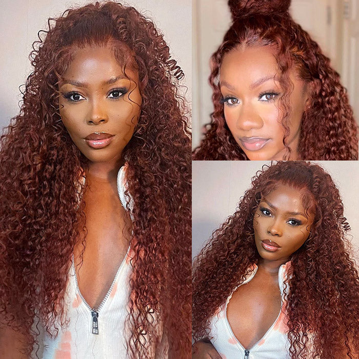 Firieya Reddish Brown Lace Front Human Hair #33 Color Glueless Curly Wig 13x4 HD Lace Frontal Wig