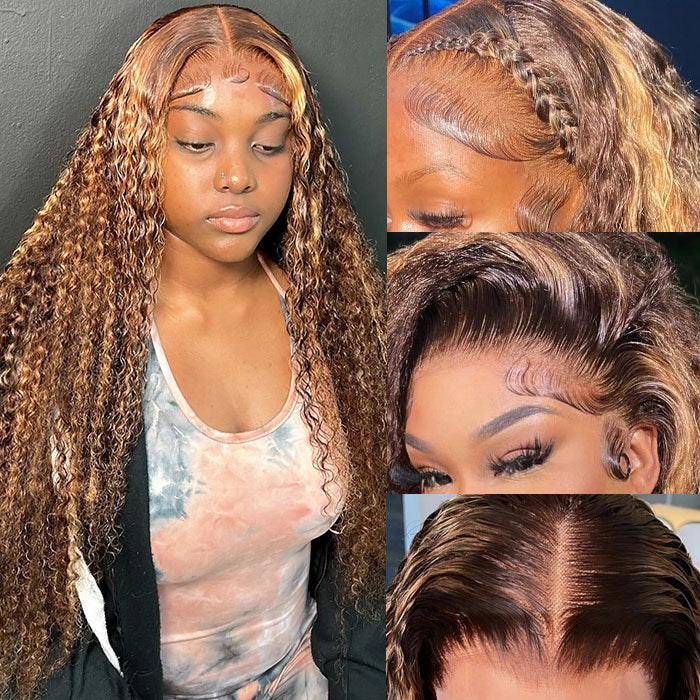 Firieya Highlight Honey Blonde Ombre Jerry Curly 13x4 Pre Plucked HD Lace Front Human Hair Glueless Wig