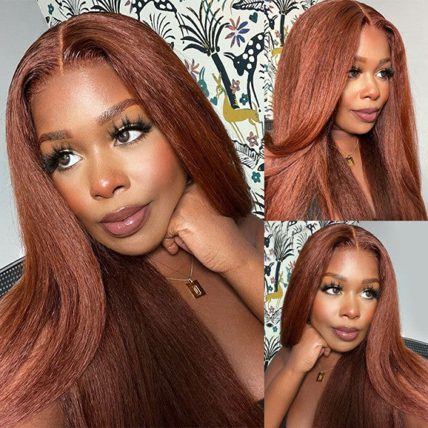 Firieya #33 Reddish Brown Kinky Straight 13x4 Lace Front Soft Wigs for Black Women Human Hair Wig