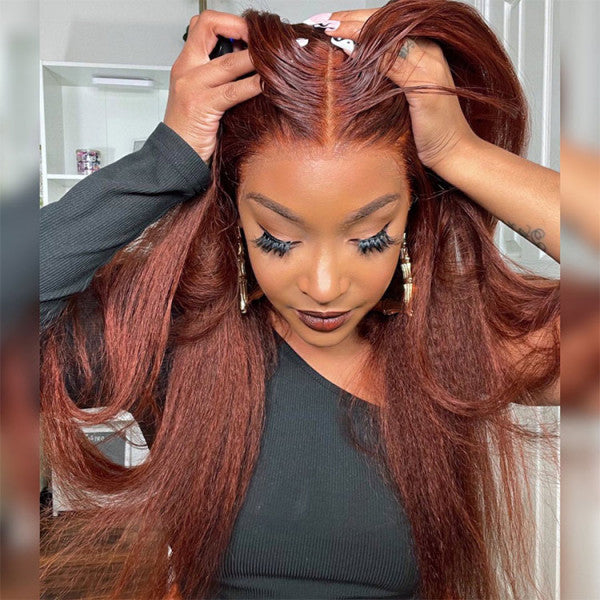 Firieya #33 Reddish Brown Kinky Straight 13x4 Lace Front Soft Wigs for Black Women Human Hair Wig