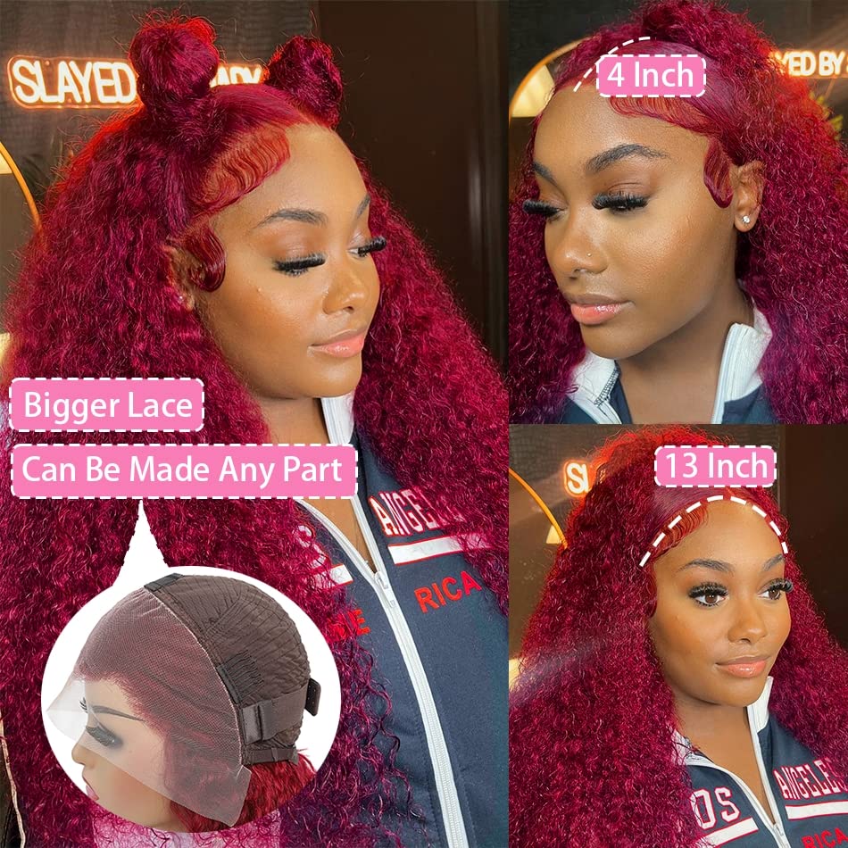 Firieya #99J Burgundy Wig Kinky Curly 13x4 Transparent Lace Human Hair Wigs
