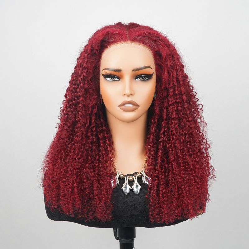 Firieya #99J Burgundy Wig Kinky Curly 13x4 Transparent Lace Human Hair Wigs