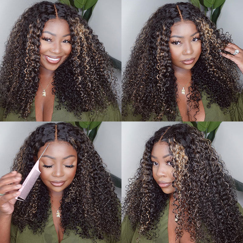 Firieya Balayage Blonde Highlights #1B/27 Kinky Curly 13x4 Lace Front Wig Precolored Ombre Hair