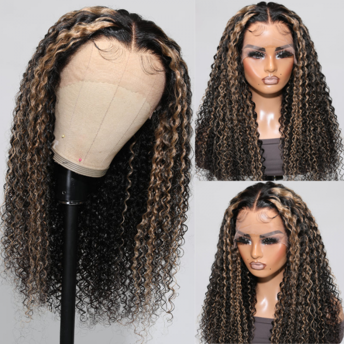 Firieya Balayage Blonde Highlights #1B/27 Kinky Curly 13x4 Lace Front Wig Precolored Ombre Hair