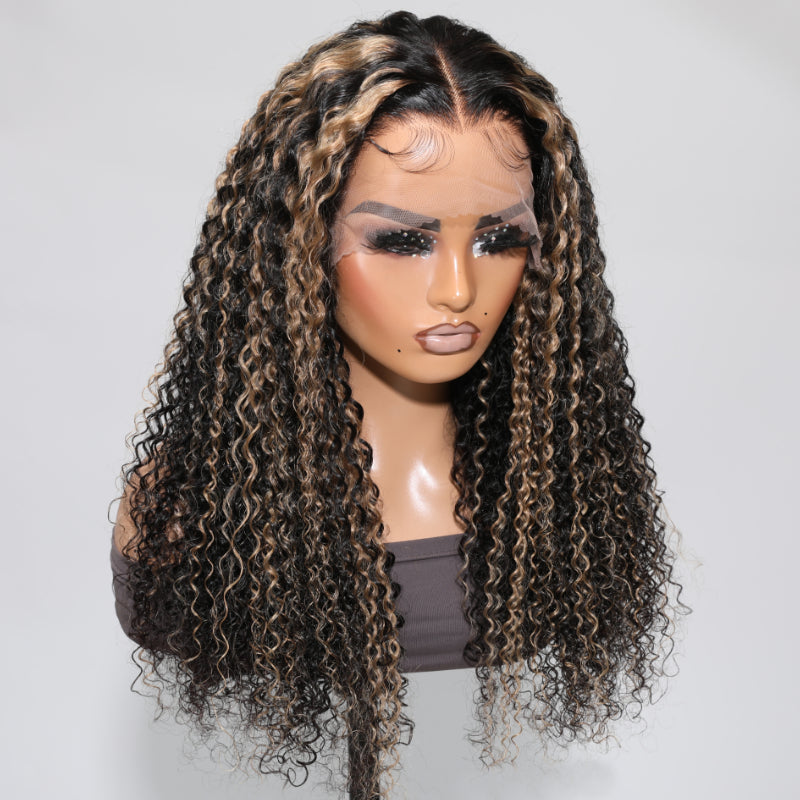 Firieya Balayage Blonde Highlights #1B/27 Kinky Curly 13x4 Lace Front Wig Precolored Ombre Hair