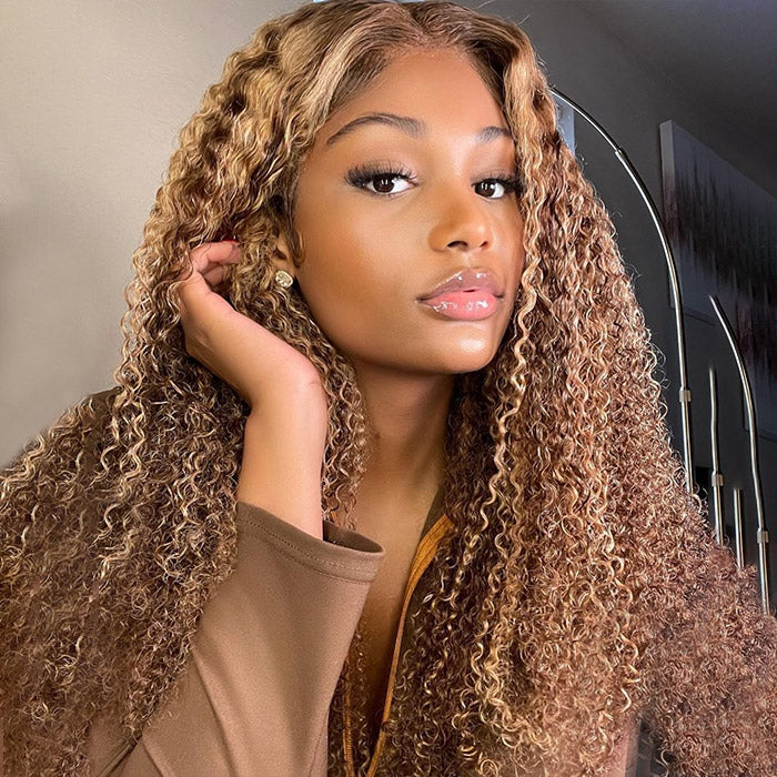 Firieya #4/27 Highlight Brown With Blonde Kinky Curly 13x4 HD Lace Frontal Wig With Baby Hair Pre-plucked Natural Hairline