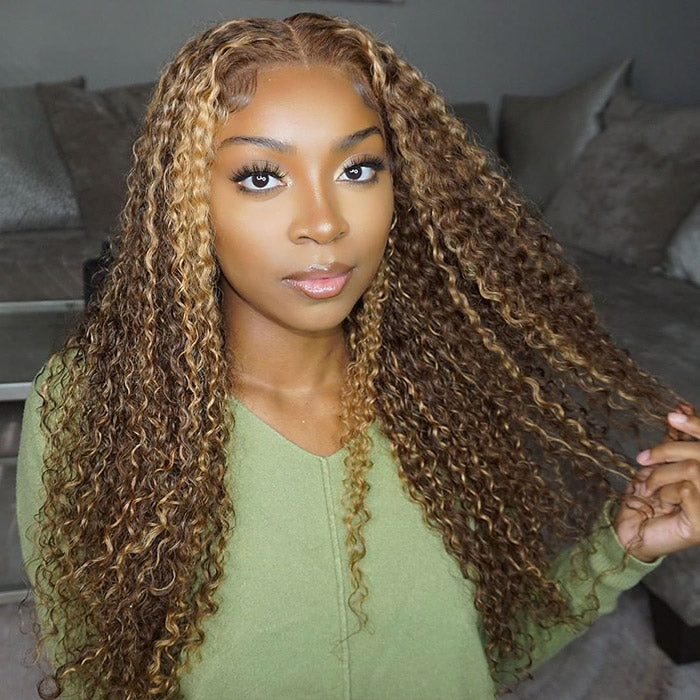 Firieya #4/27 Highlight Brown With Blonde Kinky Curly 13x4 HD Lace Frontal Wig With Baby Hair Pre-plucked Natural Hairline