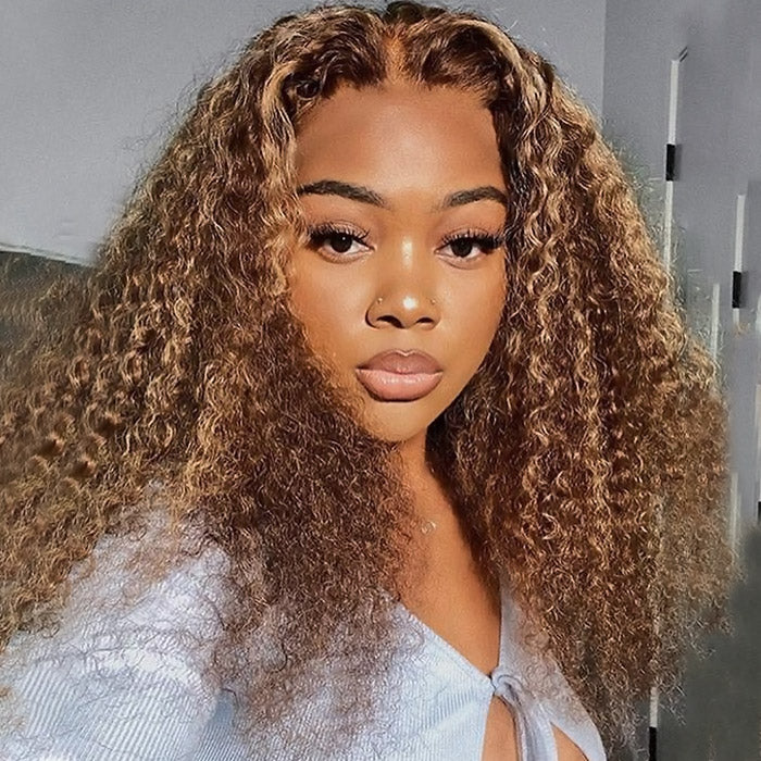 Firieya #4/27 Highlight Brown With Blonde Kinky Curly 13x4 HD Lace Frontal Wig With Baby Hair Pre-plucked Natural Hairline