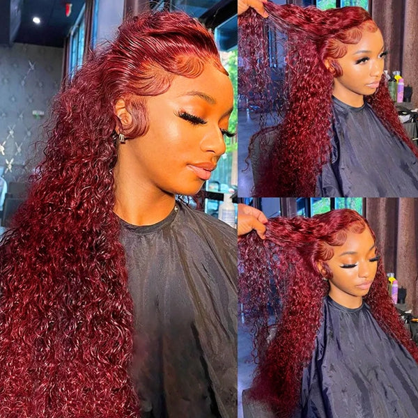 Firieya 99J Burgundy Water Wave 13x4 Pre plucked HD Lace Front Wig Wet & Wavy Colored Lace Frontal Human Hair Wigs
