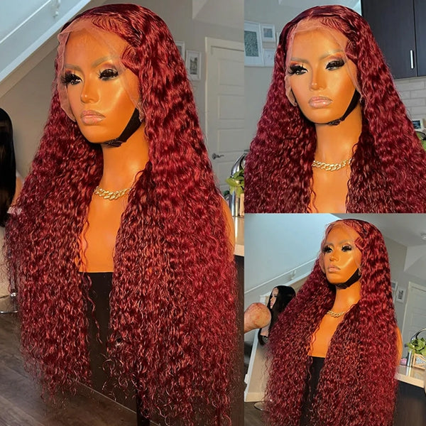 Firieya 99J Burgundy Water Wave 13x4 Pre plucked HD Lace Front Wig Wet & Wavy Colored Lace Frontal Human Hair Wigs