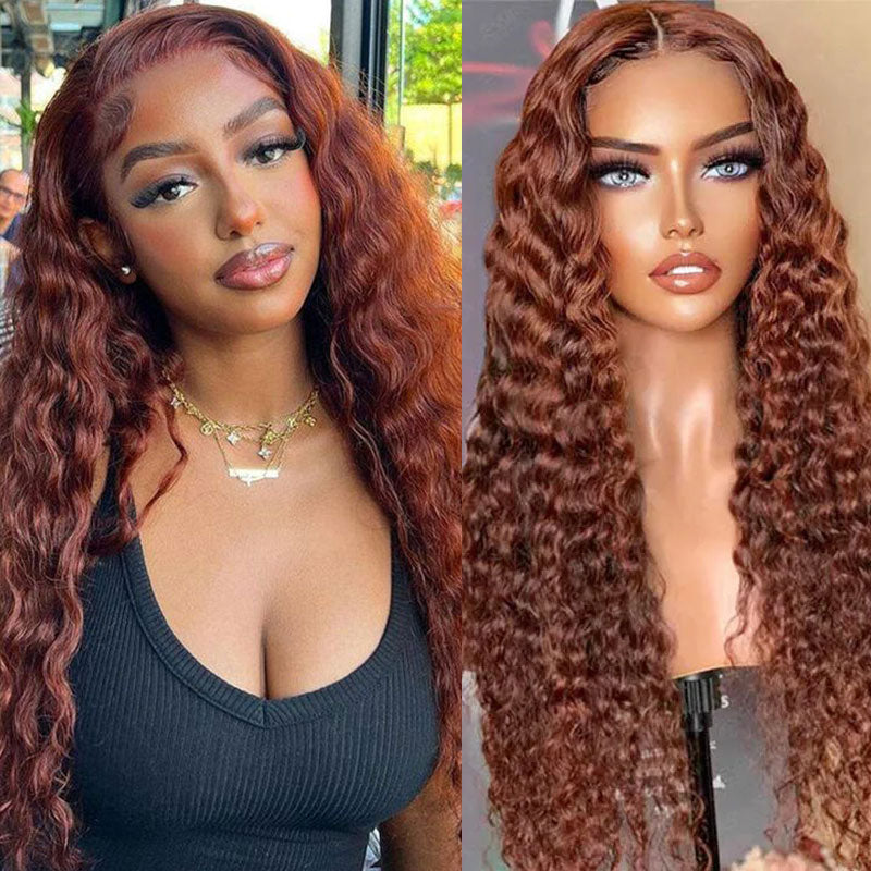 Firieya Reddish Brown Water Wave 13x4 Lace Front Wig Human Hair #33 Brown Brunette Auburn Copper Color