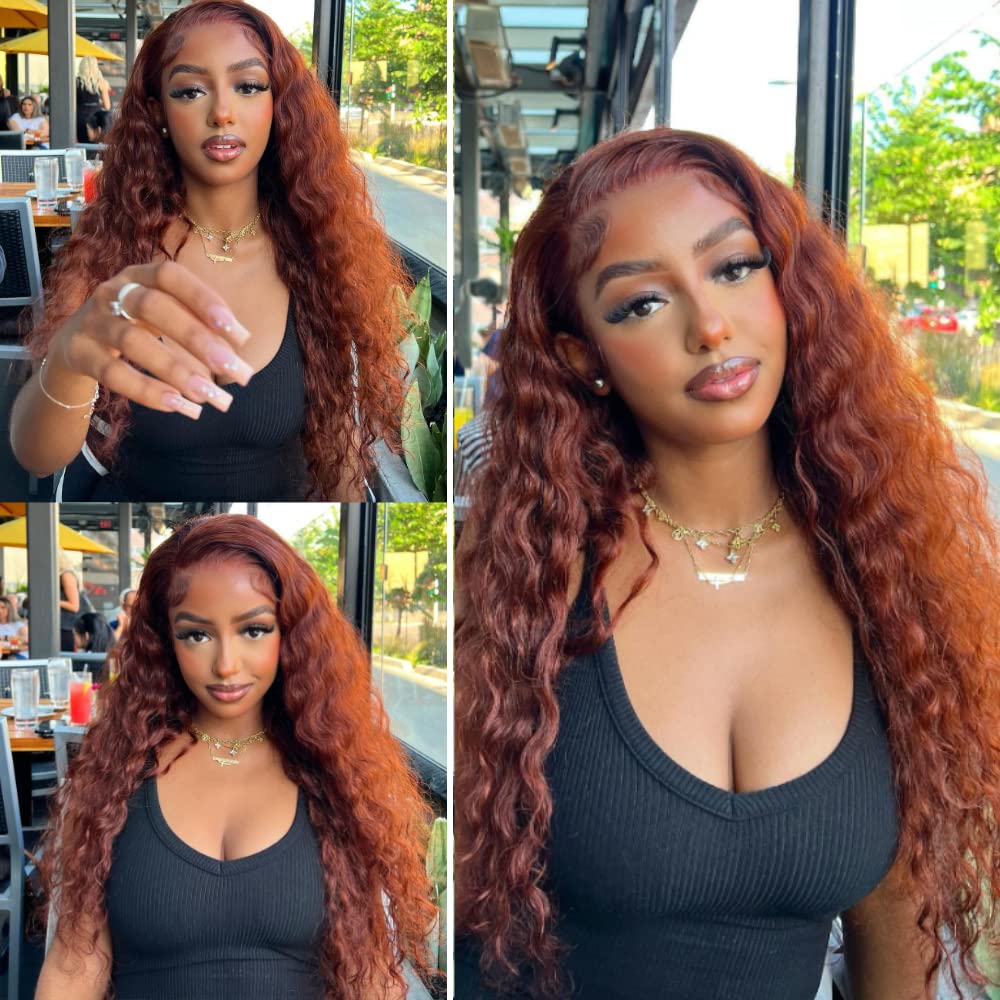 Firieya Reddish Brown Water Wave 13x4 Lace Front Wig Human Hair #33 Brown Brunette Auburn Copper Color