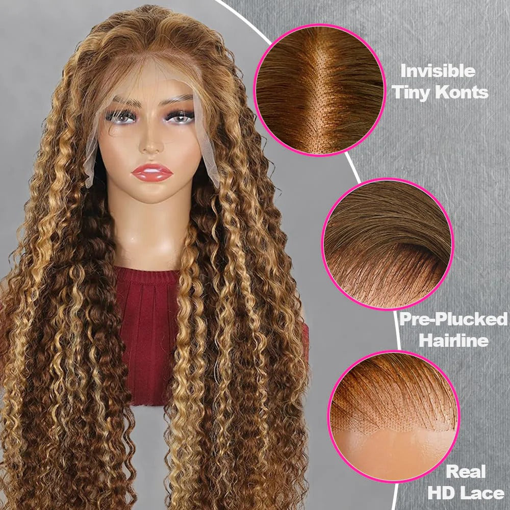 Firieya Honey Blonde 13x4/13x6 HD Lace Front Wig Human Hair Water Wave Ombre #P4/27 Highlight Human Hair Pre Plucked