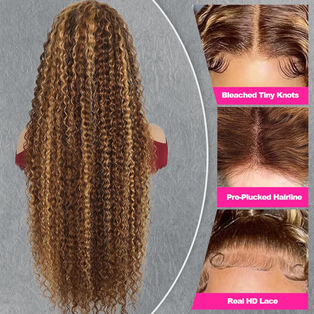 Firieya Honey Blonde 13x4/13x6 HD Lace Front Wig Human Hair Water Wave Ombre #P4/27 Highlight Human Hair Pre Plucked