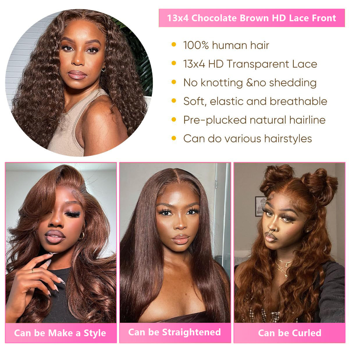 Firieya #4 Brown Colored Water Wave Lace Front Wig 13x4 Transparent Lace Frontal Wig Pre-Plucked Human Hair Wig