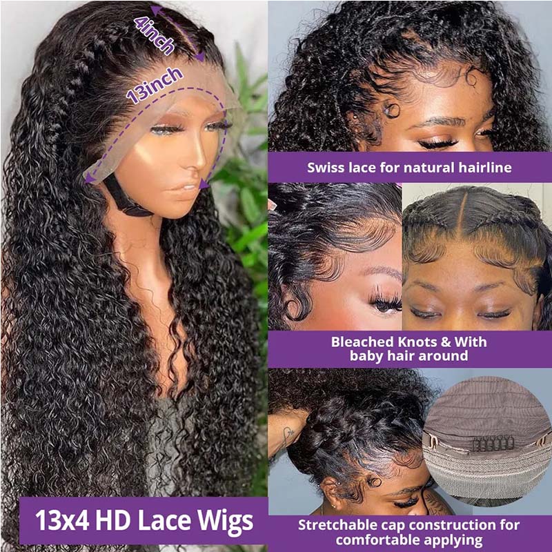 300% Density Bold Bounce Glueless Water Wave 13x4 HD Lace Front Wigs Transparent Lace Color Wig Plucked Hairline