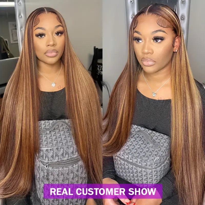 Firieya 13x6 HD Lace Front Straight Wig Honey Blonde Piano Highlights Transparent Human Hair Wigs