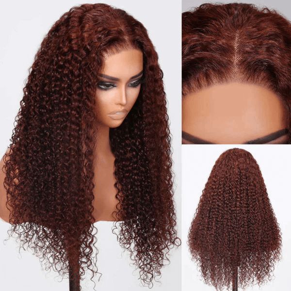 Firieya 7x5 Pre-Cut Lace #33 Reddish Brown Kinky Curly Pre-Bleached Glueless Wig Invisible Lace Wig Dome Cap Wigs