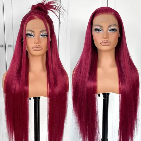 Firieya Straight Burgundy Hair Transparent 13x4 Lace Front Wig Pre Plucked Human Hair Wigs