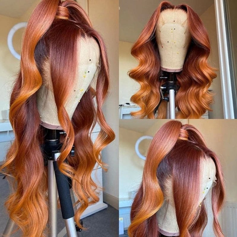 Firieya 13x4 Lace Frontal Wig Mixed Ginger Orange Straight Dimensional Copper Highlights Human Hair