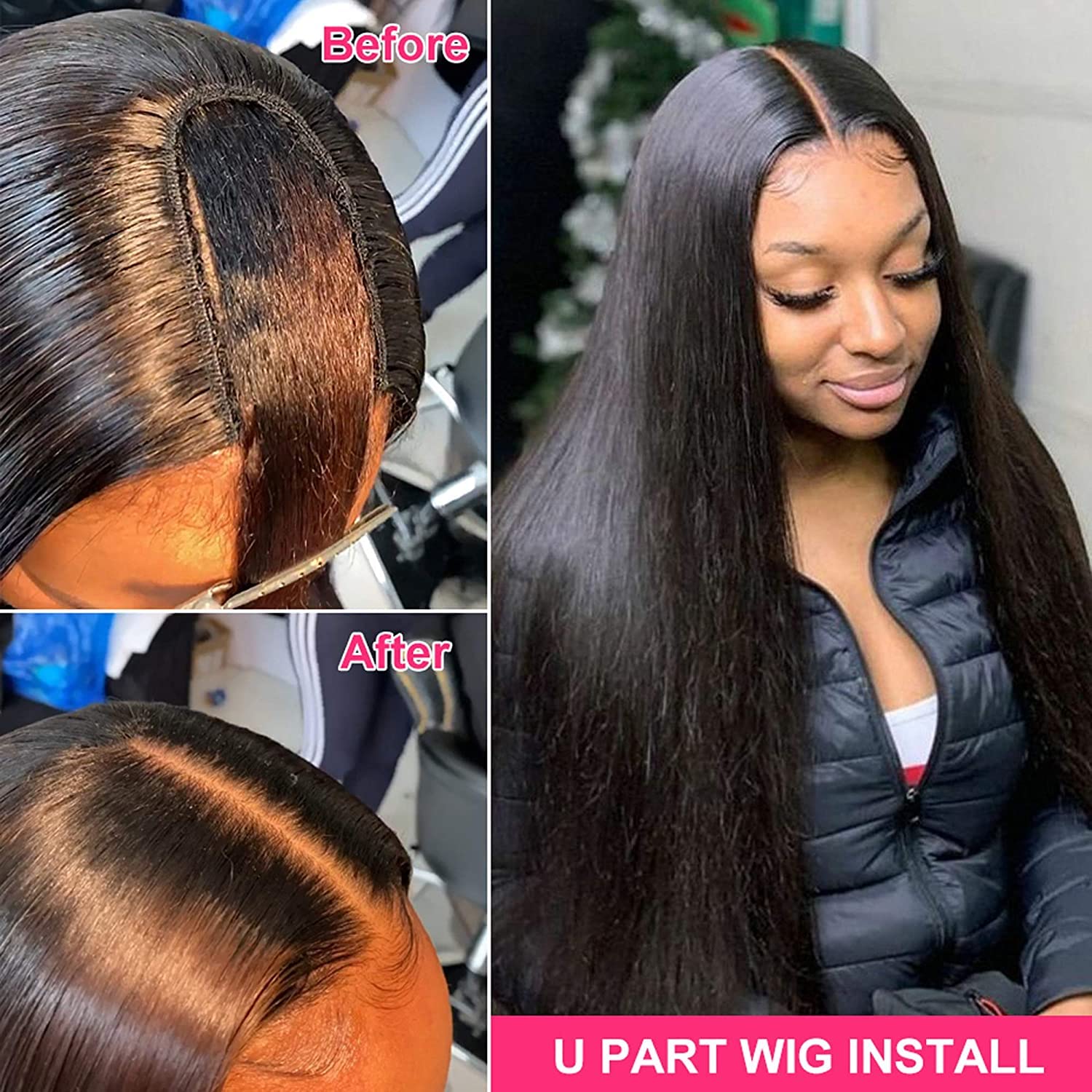 Firieya U Part Human Hair Wigs for Black Women Straight Beginner Friendly Unprocessed Virgin Human Hair Wig Glueless Hair Natural Color