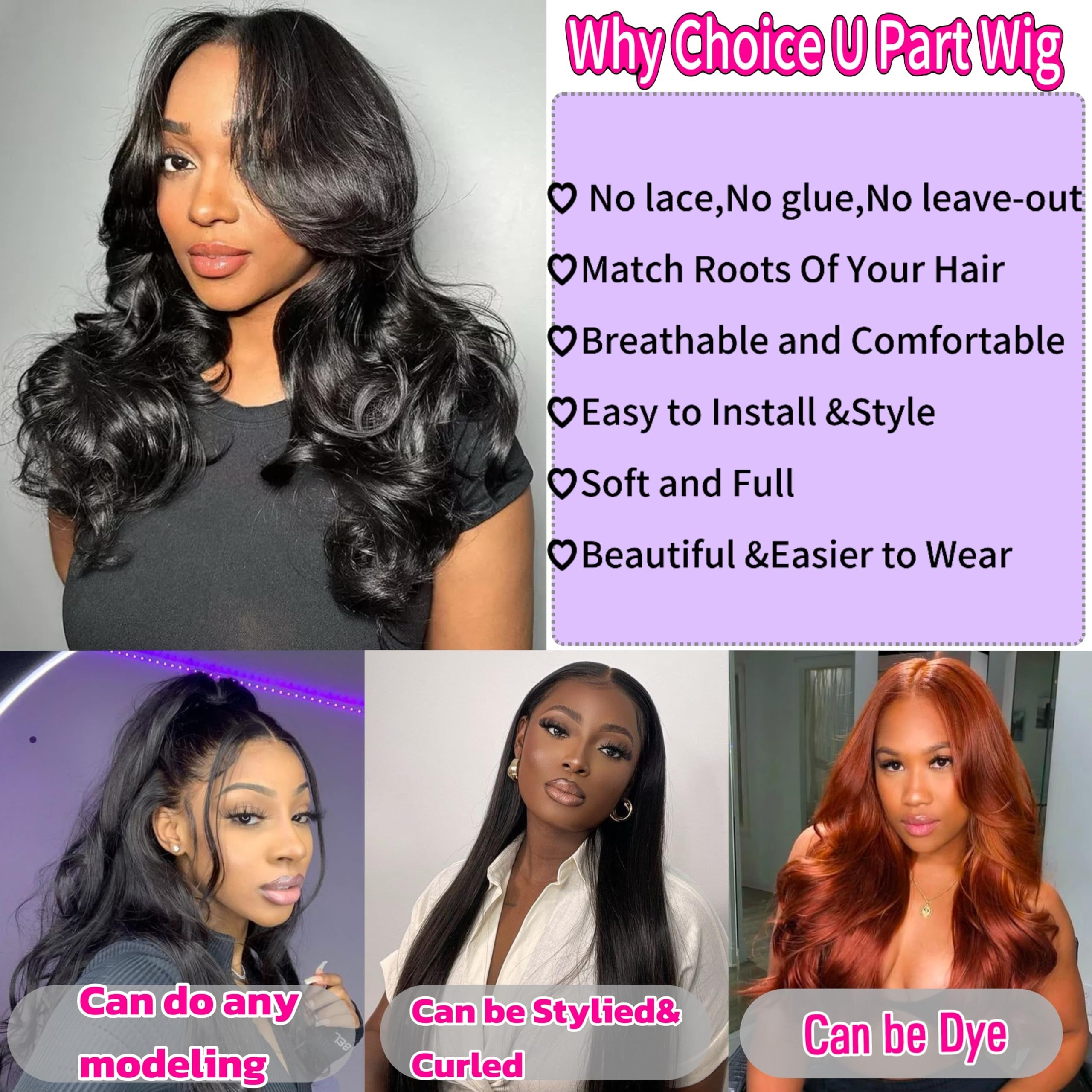 Firieya U Part Human Hair Wig Body Wave Glueless Half Wigs Human Hair for Black Women No Sew In No Leave Out