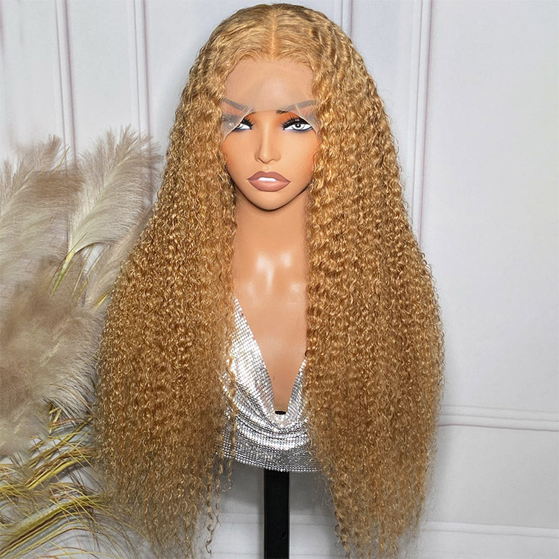 Firieya 13x4 Jerry Curly Human Hair Wigs Honey Blonde #27 Color Hair Transparent Lace Wigs