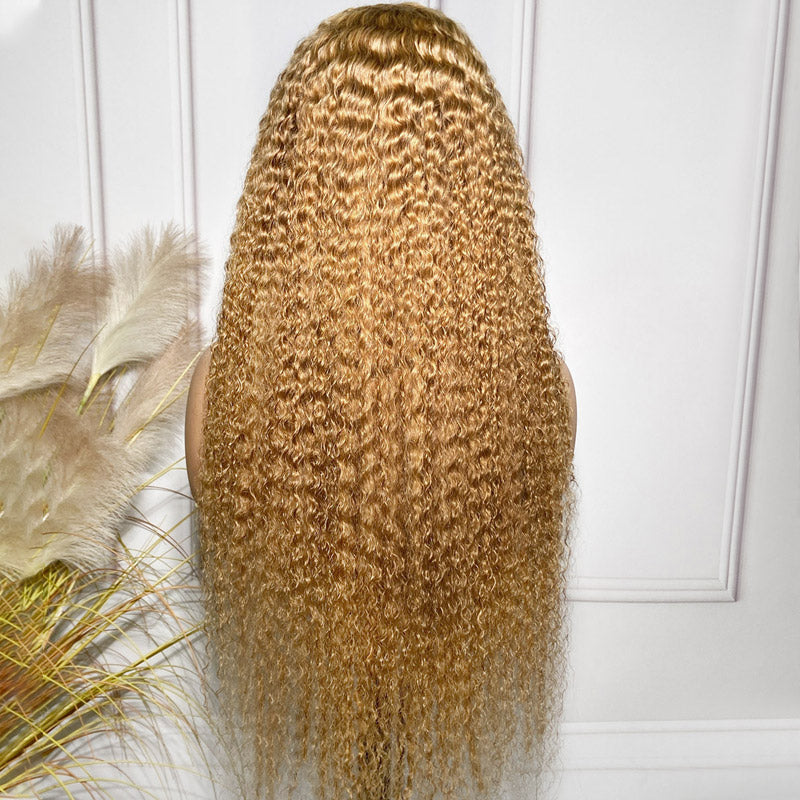 Firieya 13x4 Jerry Curly Human Hair Wigs Honey Blonde #27 Color Hair Transparent Lace Wigs
