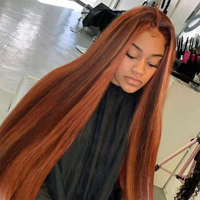 Firieya 13x4 Lace Frontal Wig Mixed Ginger Orange Straight Dimensional Copper Highlights Human Hair