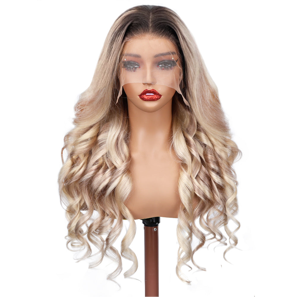Firieya Luxury Wig Ash Blonde Wig With Dark Roots Body Wave Ombre Lace Front Human Hair Wig