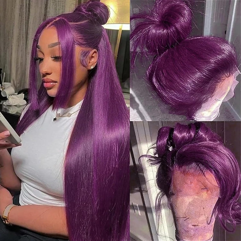 Firieya Deep Purple Lace Frontal Wig Human Hair 13x4 Dark Burgundy Straight Lace Front Glueless Wigs